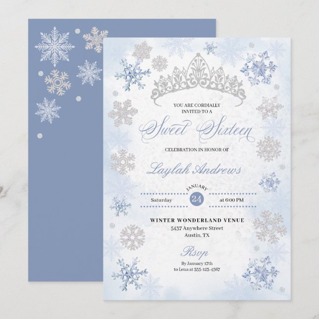 Invitation Blue Winter Wonderland Snowflake Sweet 16 (Devant / Derrière)