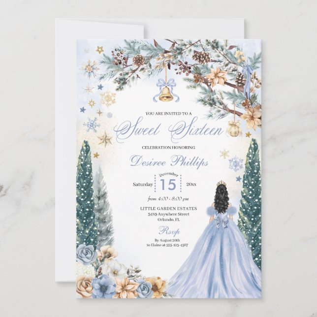 Invitation Blue Winter Wonderland Snowflake Sweet sixteen (Devant)