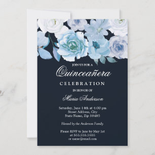 Invitation Blue Wonderland Grey Floral Quinceanera Party
