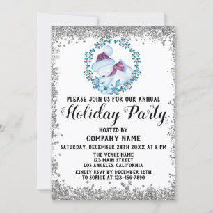 Invitation Blue Wreath Christmas Company Fête d'argent