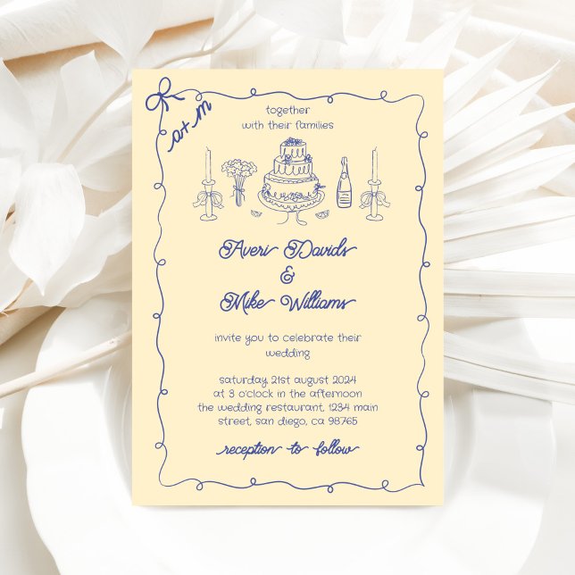 Invitation Blue Yellow la dolce vita Mariage manuscrit (Créateur téléchargé)