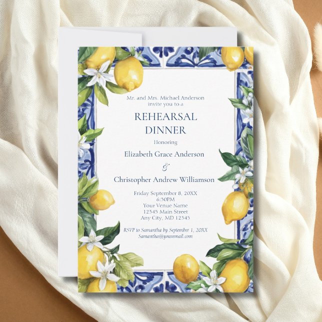 Invitation Blue Yellow Lemons Mediterranean Rehearsal Dinner  (Blue White Tile, Mediterranean Lemons Wedding Rehearsal Dinner Invitation. Printed or Digital)