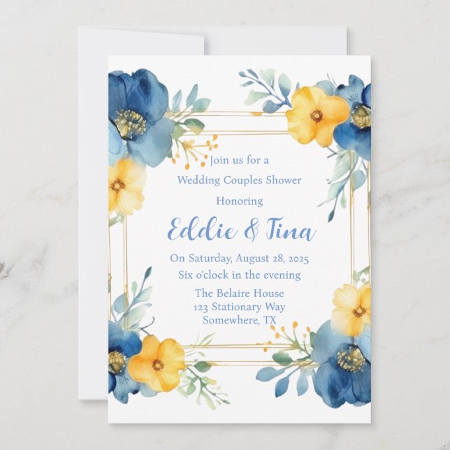Invitation Blue Yellow Peony Mariage Couples Douche (Devant)