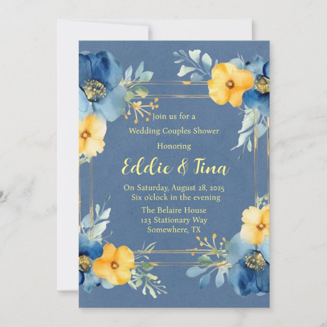 Invitation Blue Yellow Peony Mariage Couples Douche (Devant)