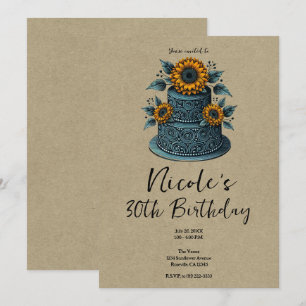 Invitation Blue Yellow Sunflower Niveau gâteau fête d'anniver