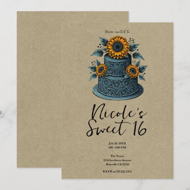 Invitation Blue Yellow Sunflower Tier Gâteau sucré 16 Anniver (Devant / Derrière)
