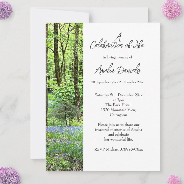 Invitation Bluebell Wood Celebration of Life Card (Woodland burial Celebration of Life Cards)