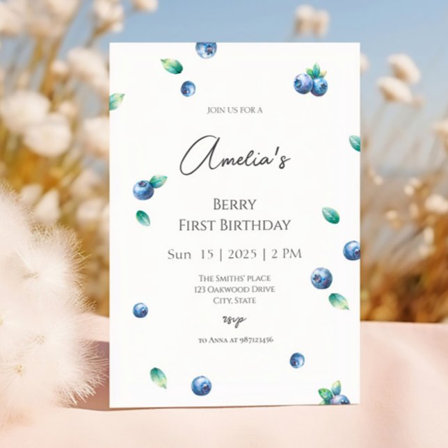 Invitation Blueberry Anniversaire Fête Berry Sweet Aquarelle (Créateur téléchargé)