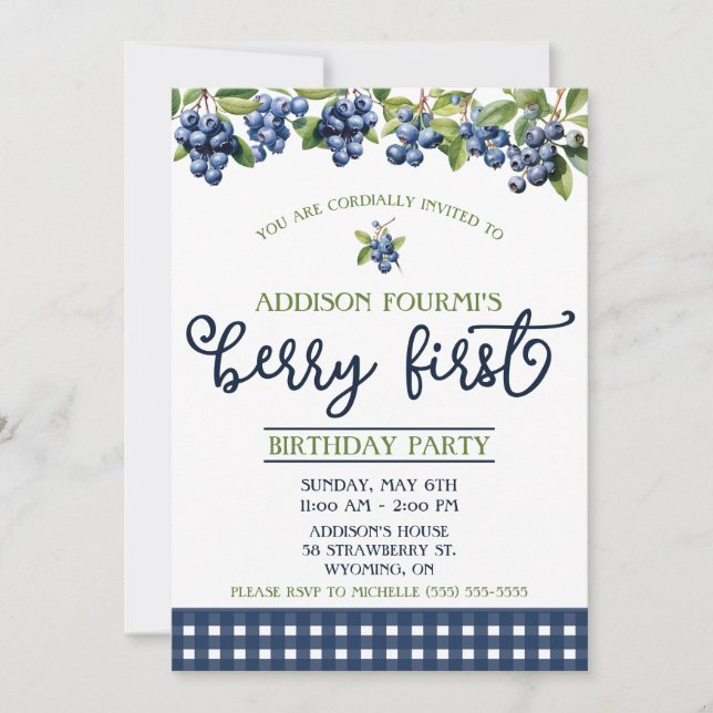 Invitation Blueberry, Berry Première fête d'anniversaire (Devant)