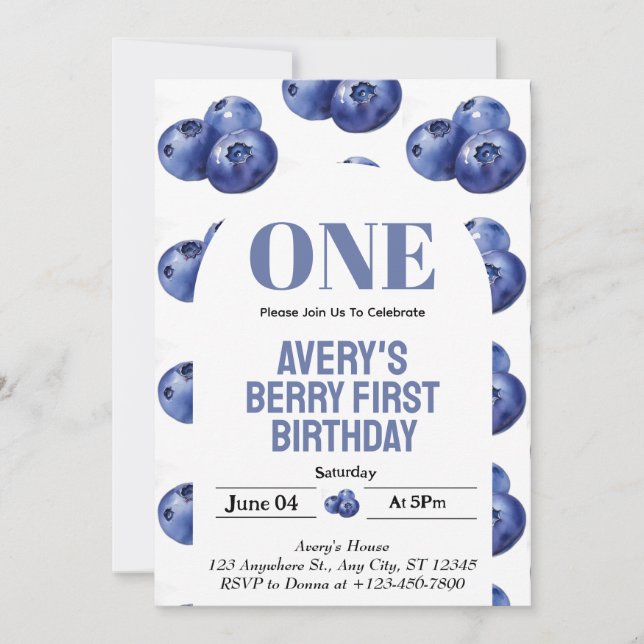 Invitation Blueberry Berry Première fille 1er anniversaire (Devant)
