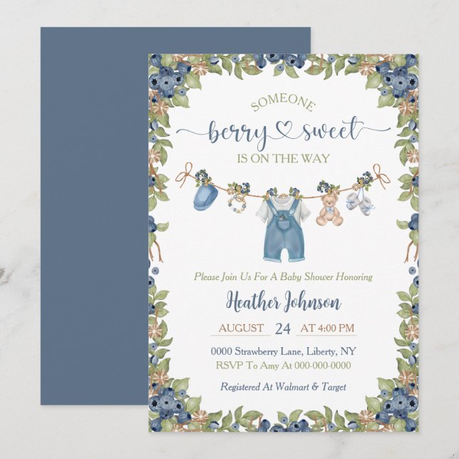 Invitation Blueberry Berry Sweet Clothesline Baby shower (Devant / Derrière)