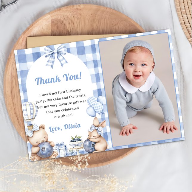 Invitation Blueberry Gingham Birthday Party Thank You Card (Créateur téléchargé)