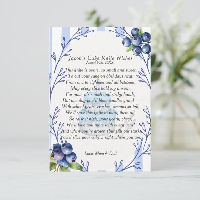 Invitation Blueberry Premier Anniversaire Cake Knife Poem (Debout devant)
