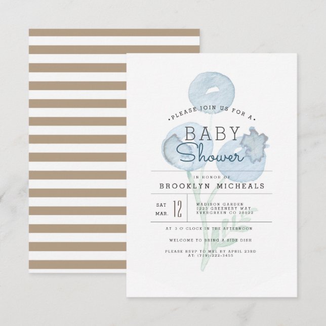 Invitation Blueberry Trio | Baby shower d'aquarelle Berry (Devant / Derrière)