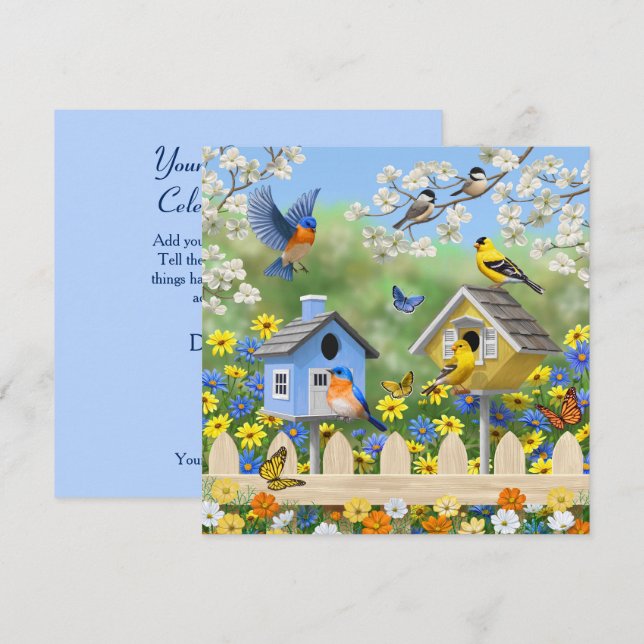 Invitation Bluebirds Goldfinches Birdhouses Jardin aux fleurs (Devant / Derrière)