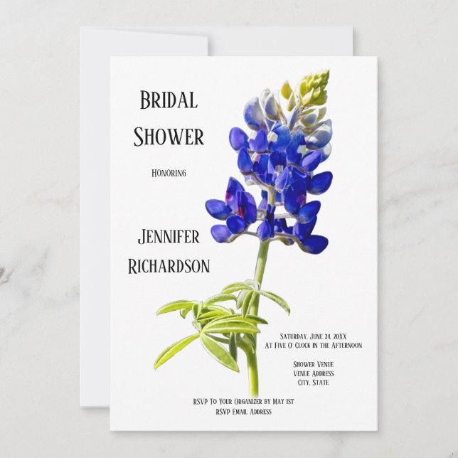 Invitation Bluebonnet Floral sur blanc, Fête des mariées Mari (Devant)
