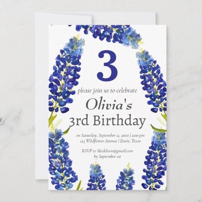 Invitation Bluebonnets 3e anniversaire bleu floral (Devant)