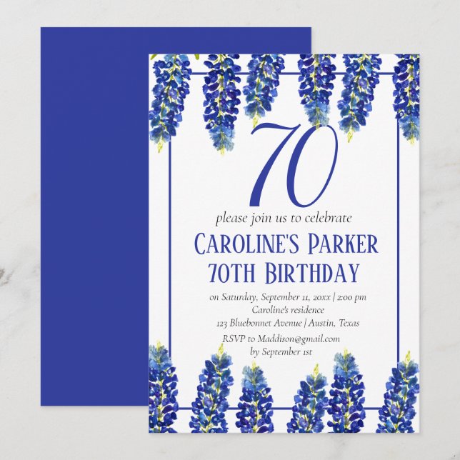 Invitation Bluebonnets 70e anniversaire Blue Floral Texas (Devant / Derrière)