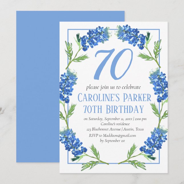 Invitation Bluebonnets 70e anniversaire Blue Floral Texas (Devant / Derrière)