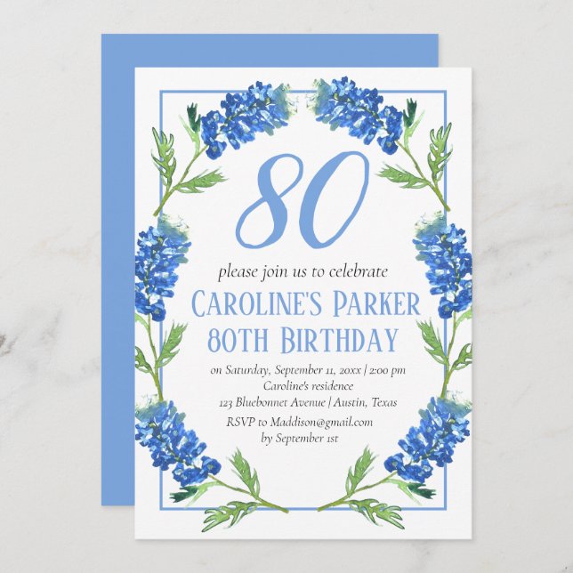 Invitation Bluebonnets 80e anniversaire Blue Floral Texas (Devant / Derrière)