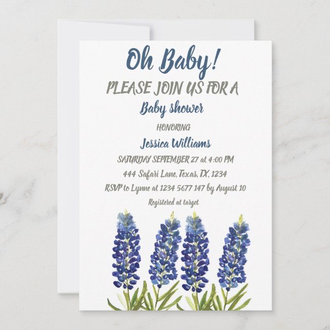 Invitation Bluebonnets Blue Floral Aquarelle Texas Baby boy (Devant)