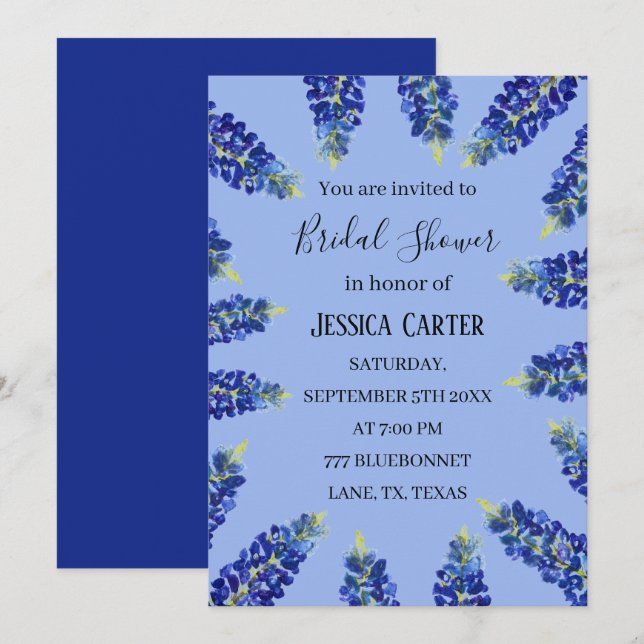 Invitation Bluebonnets Floral Aquarelle Boho Fête des mariées (Devant / Derrière)