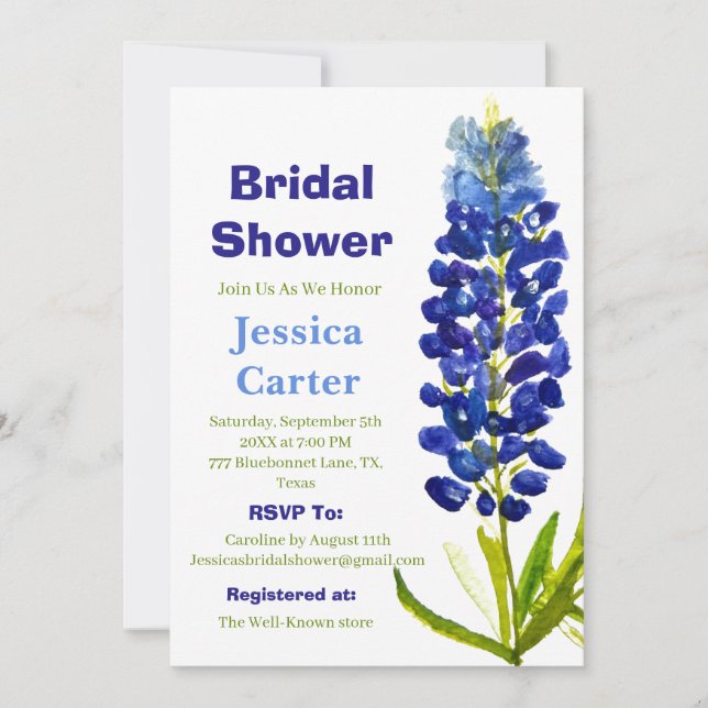Invitation Bluebonnets Floral Aquarelle Boho Fête des mariées (Devant)