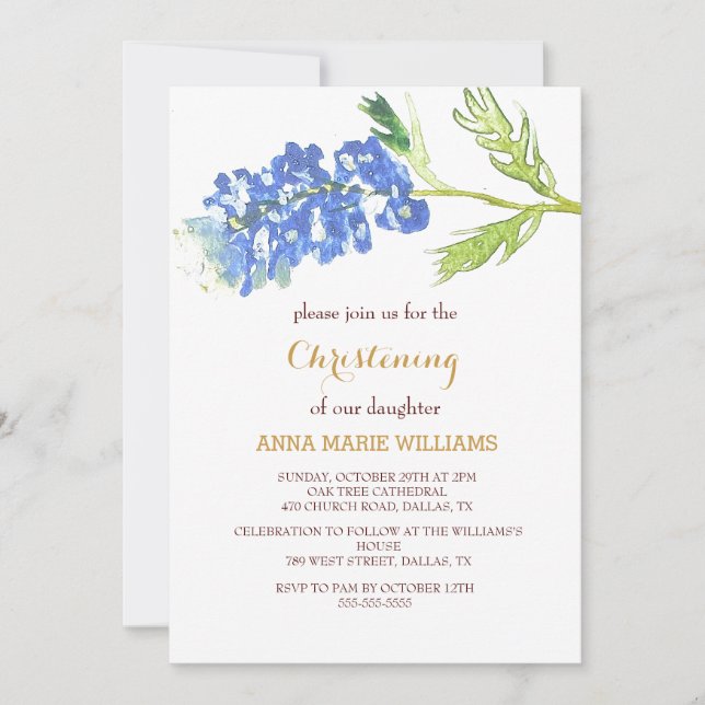 Invitation Bluebonnets Floral Gold Fleur sauvage Cross Baptêm (Devant)