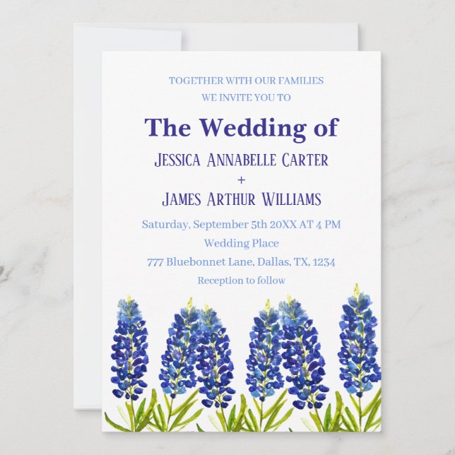 Invitation Bluebonnets Texas Aquarelle Mariage Floral (Devant)