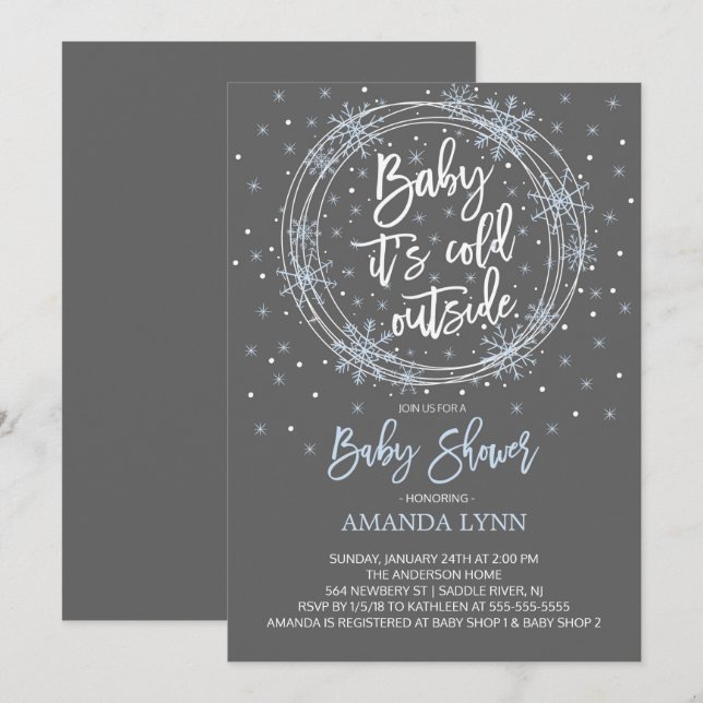 Invitation BlueGrey Baby Il fait froid dehors Baby shower (Devant / Derrière)