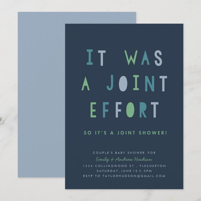 Invitation Blues d'invitation Baby shower du couple d'effort  (Devant / Derrière)