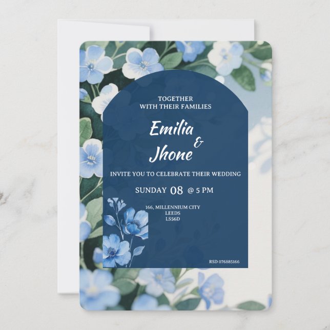 Invitation Bluish Floral Romantic Wedding Card (Devant)