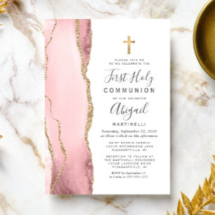 Invitation  Blush Agate Gold Glitter First Holy Communion
