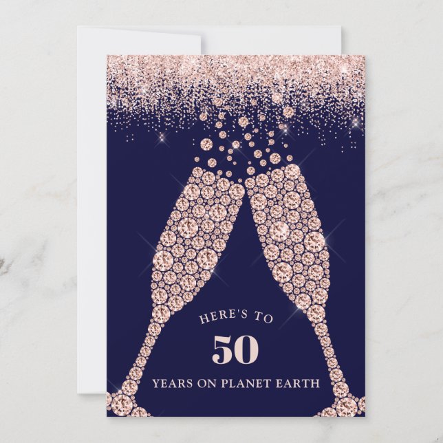 Invitation Blush and Navy Champagne Toast 50th Birthday Party (Devant)