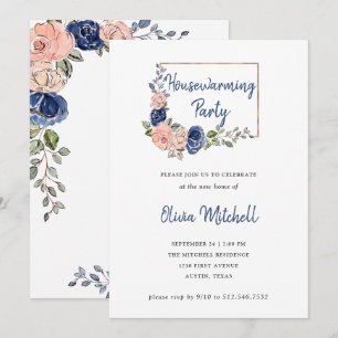 Invitation Blush and Navy Floral Geometry House Party