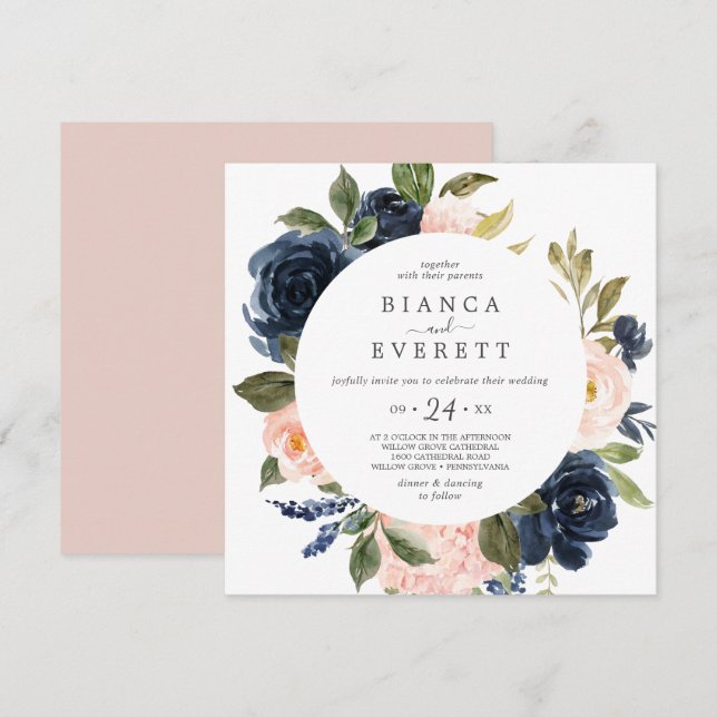 Invitation Blush and Navy Flowers White Carré Mariage Décontr (Devant / Derrière)