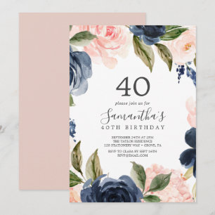 Invitation Blush and Navy Flowers White Wreath 40e anniversai