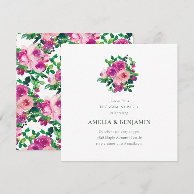Invitation Blush Berry Floral Engagement Party Magenta (Devant / Derrière)
