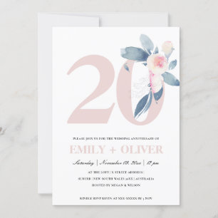 INVITATION BLUSH BLEU FLORAL DOUX 20ÈME ANNIVERSAIRE TOUTE AN