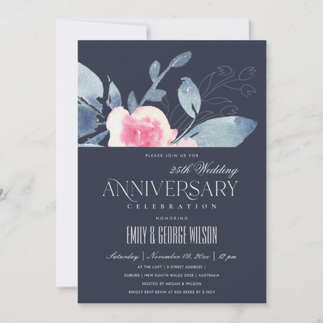 Invitation BLUSH BLEU NAVY FLEUR 25ème ANNIVERSAIRE TOUTE ANN (Devant)