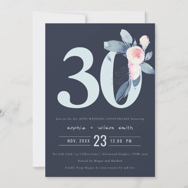 INVITATION BLUSH BLEU NAVY FLEUR 30ÈME ANNIVERSAIRE TOUTE ANN (Devant)