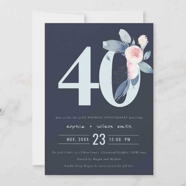 INVITATION BLUSH BLEU NAVY FLEUR 40ÈME ANNIVERSAIRE TOUTE ANN (Devant)
