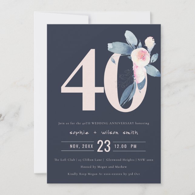 INVITATION BLUSH BLEU NAVY FLEURS 50ÈME ANNIVERSAIRE TOUTE AN (Devant)