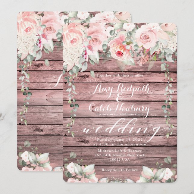 Invitation Blush & Blooms Mariage Rose Wood Rustic Barque (Devant / Derrière)