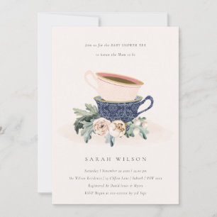 Invitation Blush Blue Floral Baby shower Tea Party
