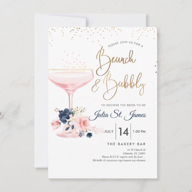 Invitation Blush+Blue Flowers Brunch Bubbly Champagne rose (Devant)