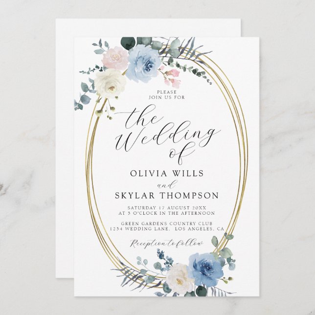 Invitation Blush Blue Light Beach Mariage Boho Tropical (Devant / Derrière)