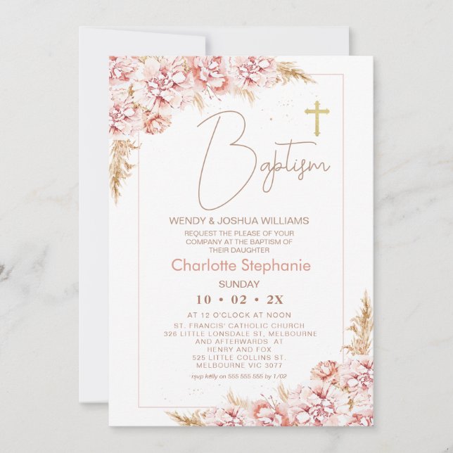 Invitation Blush Boho Floral Gold Cross Baptême (Devant)