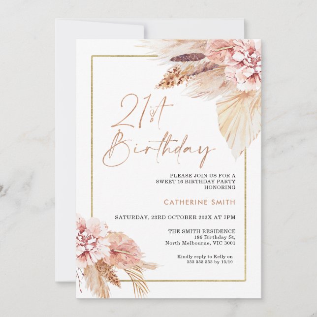 Invitation Blush Boho Pampas Grass 21ème anniversaire Invitat (Devant)