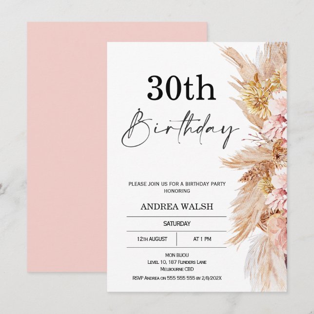 Invitation Blush Boho Pampas Grass 30e anniversaire Invitatio (Devant / Derrière)
